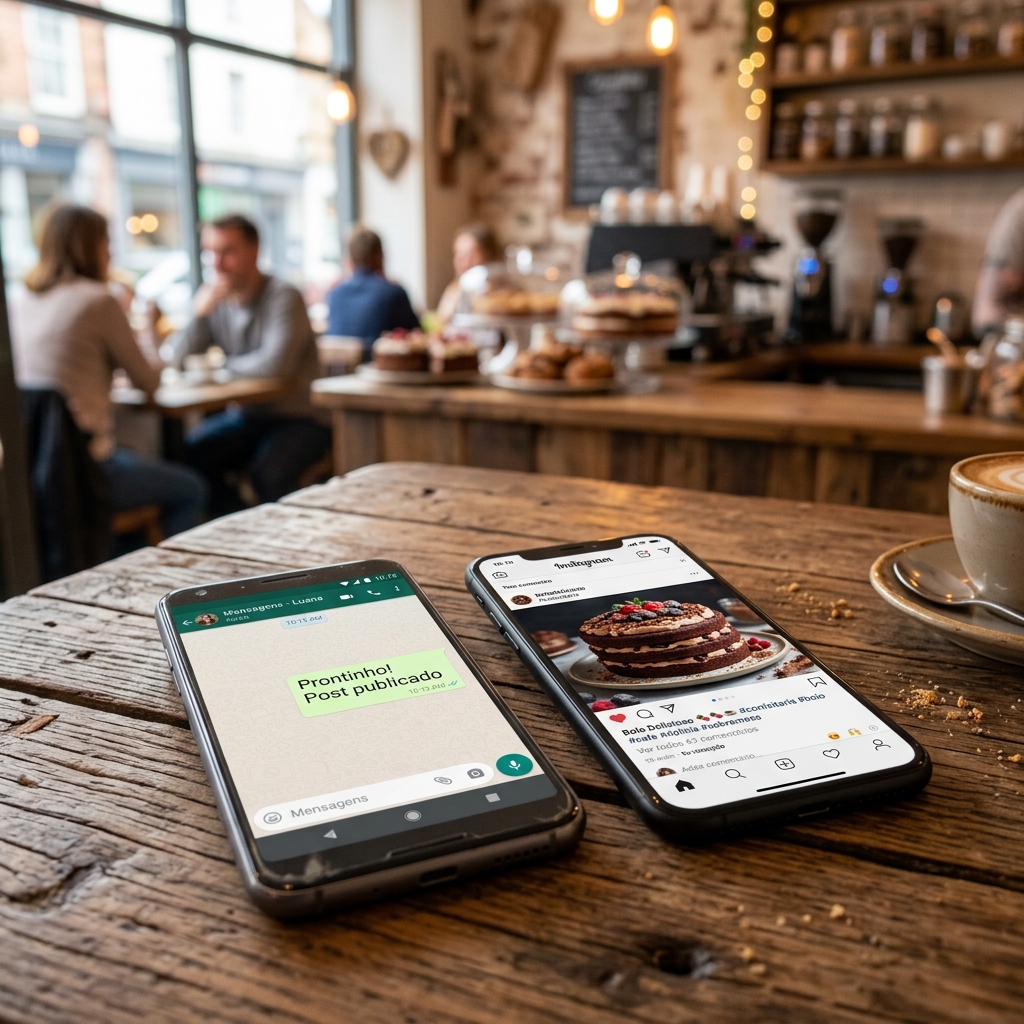 Celular com chat e Instagram lado a lado na confeitaria